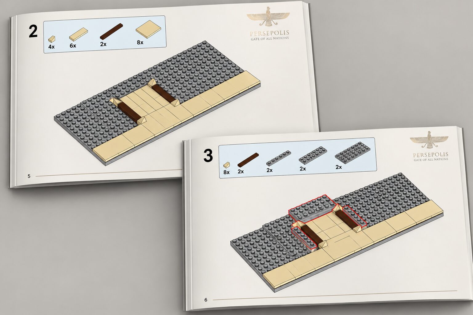 Two pages of the printed instruction book showing early steps of the staircase build