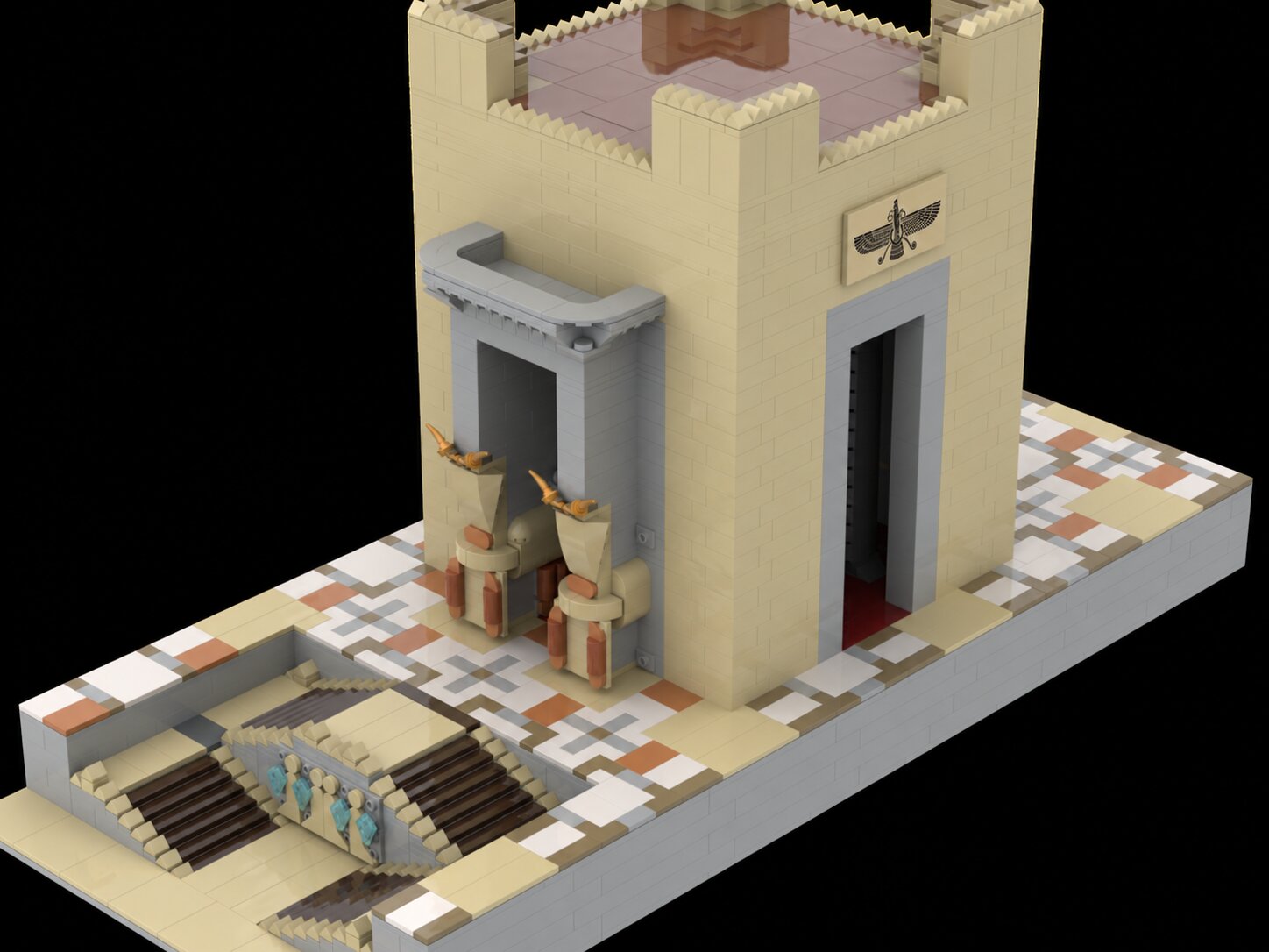 Render of the finished model sealed with its stepped parapet, Faravahar relief and the grand staircase in the foreground