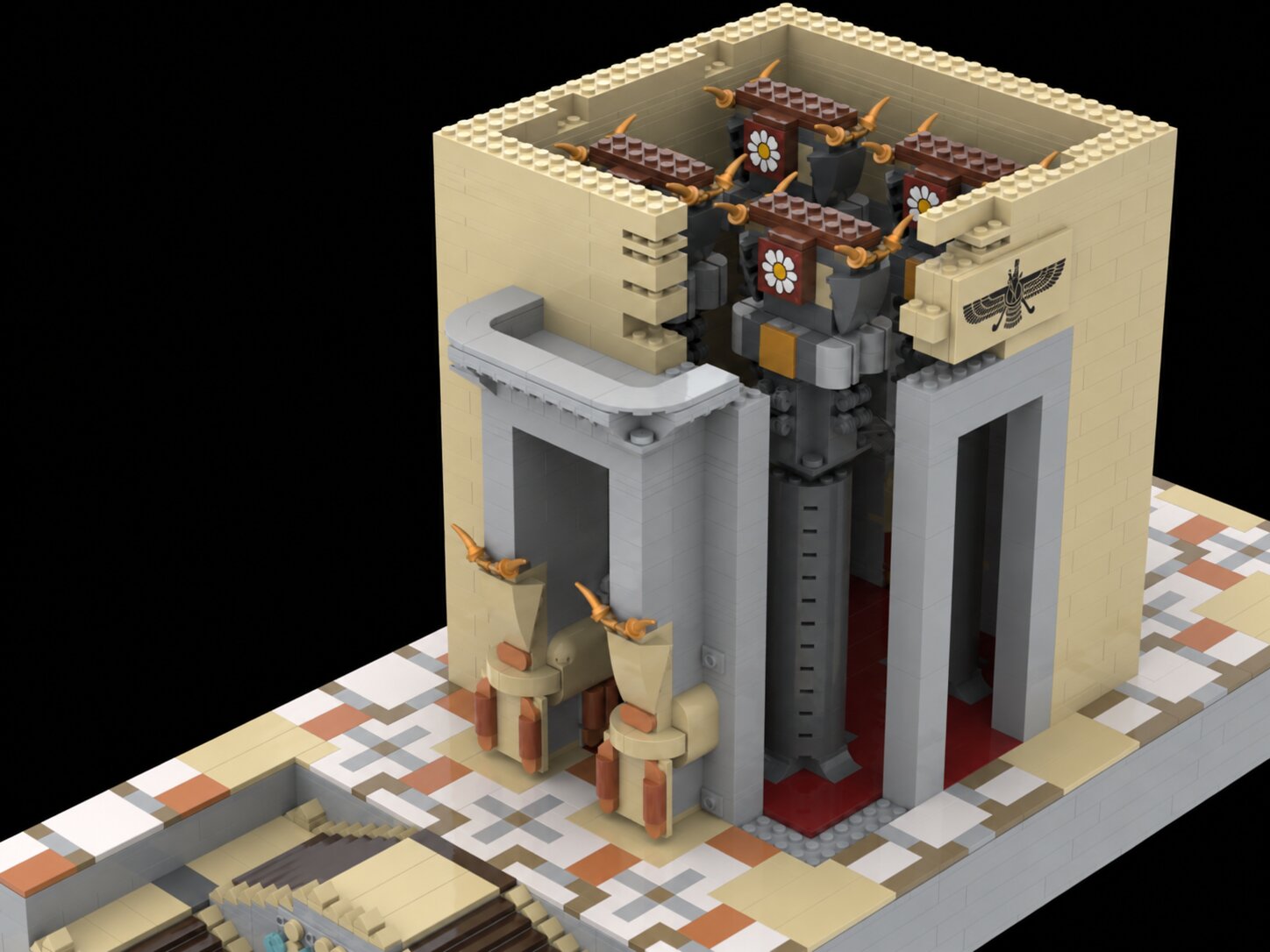 Render of the brick model with the roof lifted off, revealing the hall of double-bull column capitals with gilded horns and printed rosette tiles